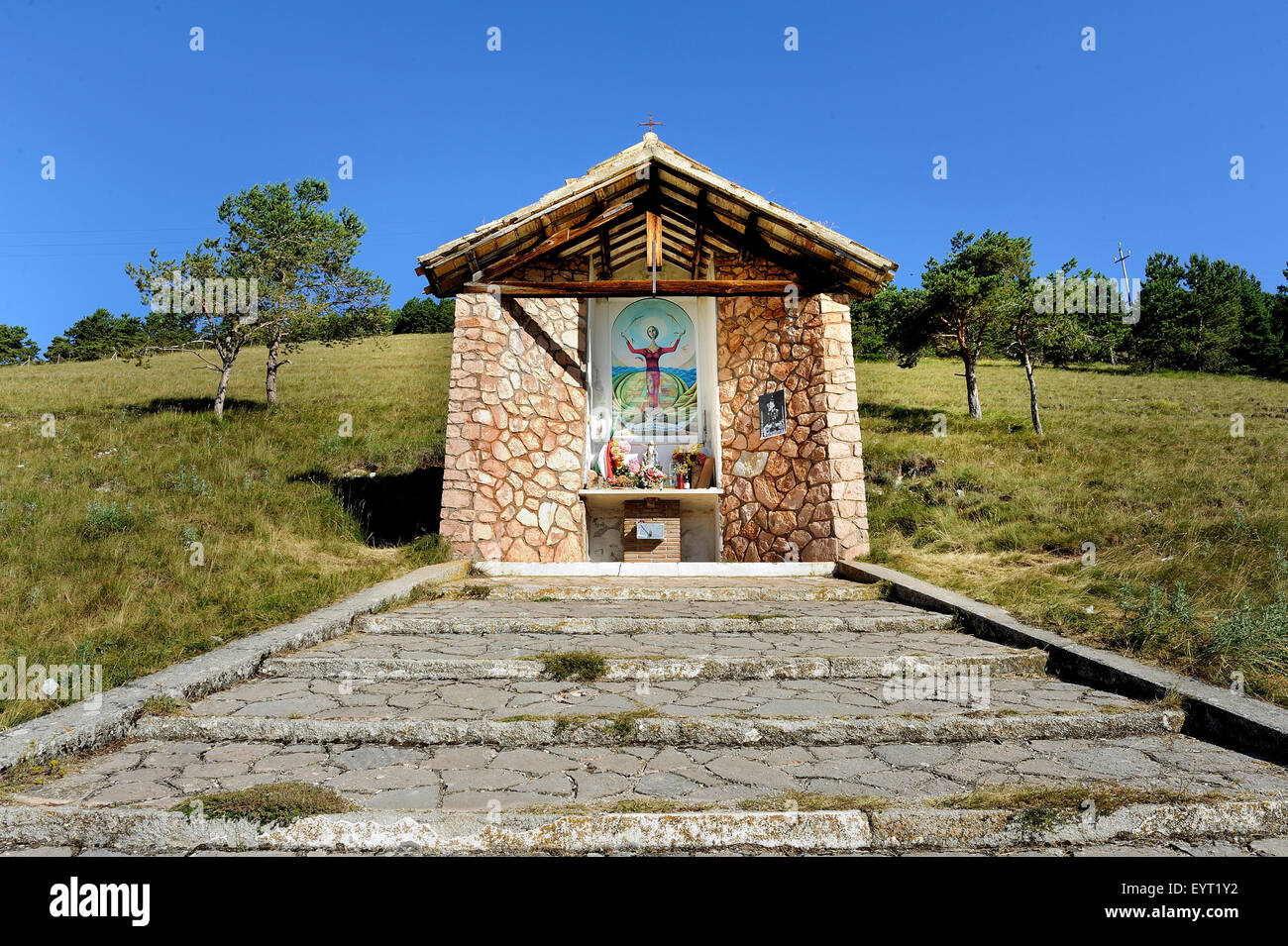 Italy Umbria Sibillini Mount National Park Flowered in Castelluccio Da Norcia - Votive chapel Stock Photo
