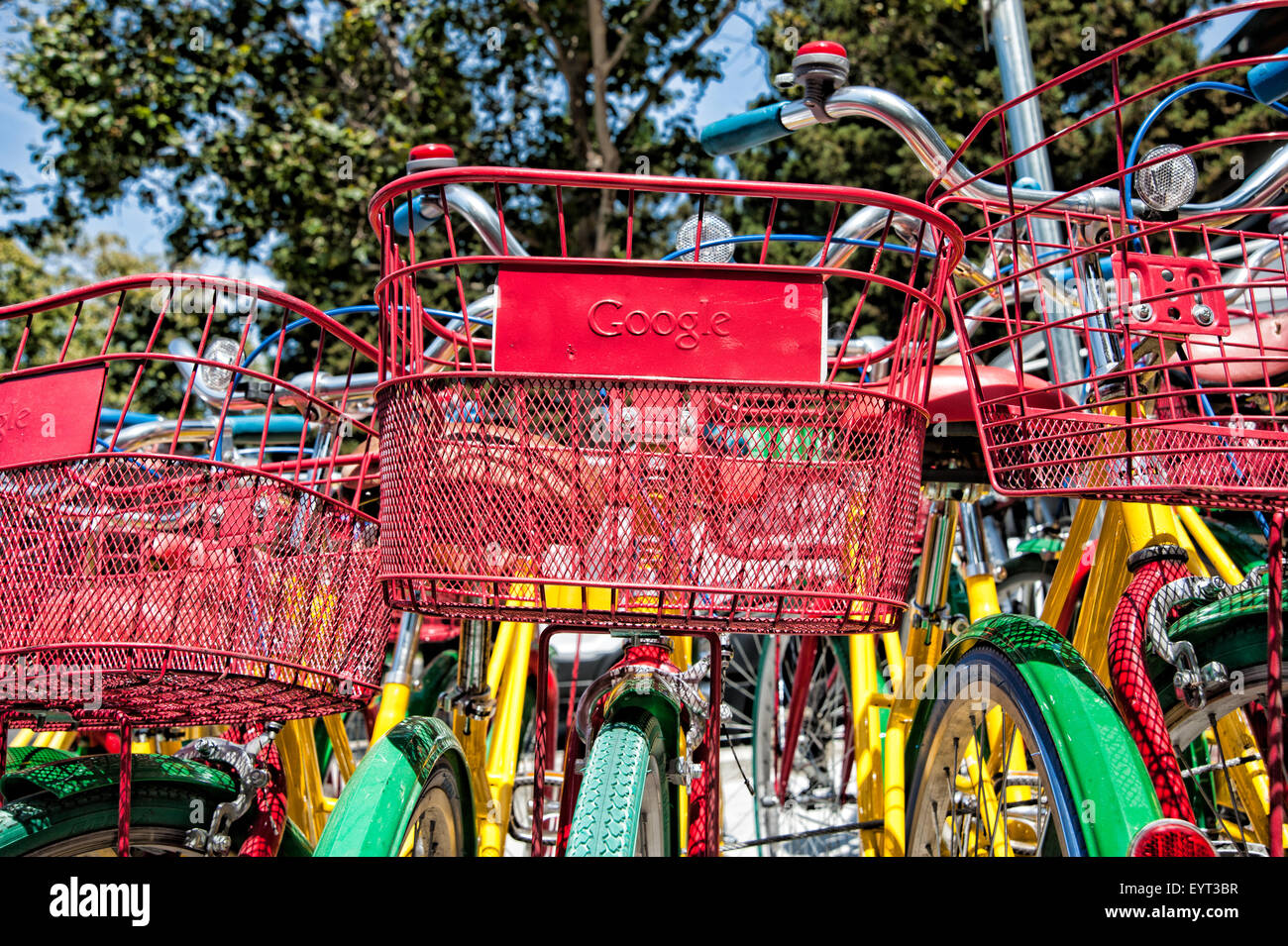 MOUNTAIN VIEW, CA - AUGUST 1, 2015: Bikes used by Google employees to navigate Google headquarters, also known as Googleplex, in Stock Photo