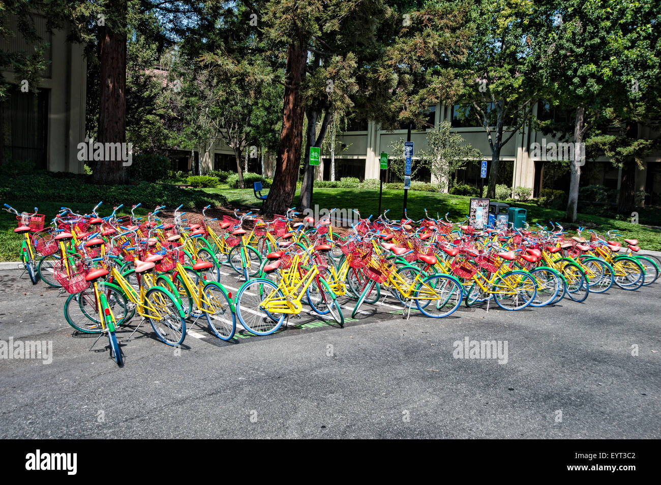 MOUNTAIN VIEW, CA - AUGUST 1, 2015: Bikes used by Google employees to navigate Google headquarters, also known as Googleplex, in Stock Photo