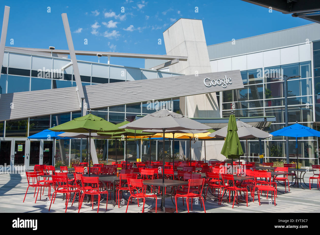 MOUNTAIN VIEW, CA - AUGUST 1, 2015: Dining area for Google employees at Google's headquarters, also known as Googleplex, in Moun Stock Photo