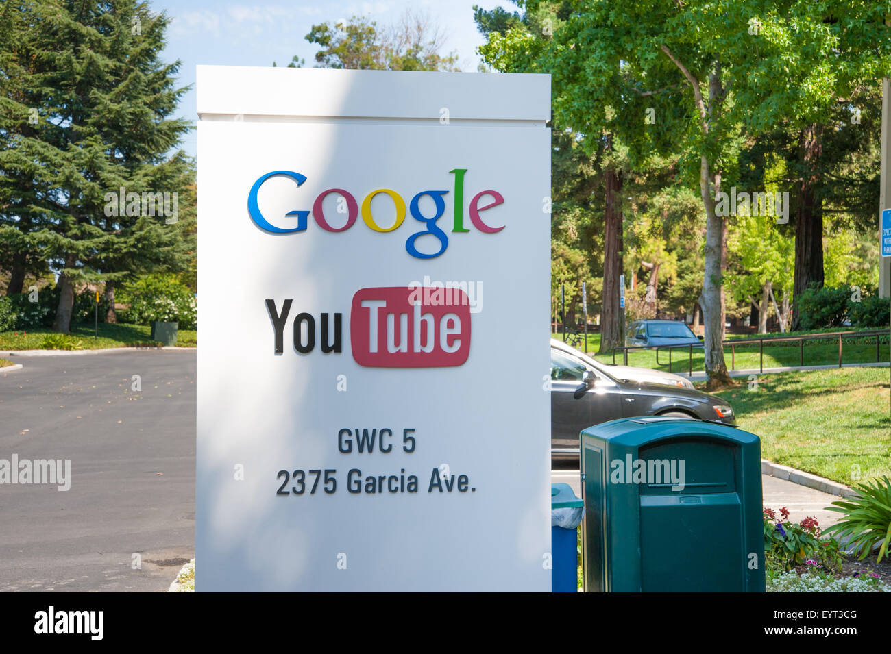 MOUNTAIN VIEW, CA - AUGUST 1, 2015: Sign for Google and YouTube located at Google headquarters, also known as Googleplex, in Mou Stock Photo