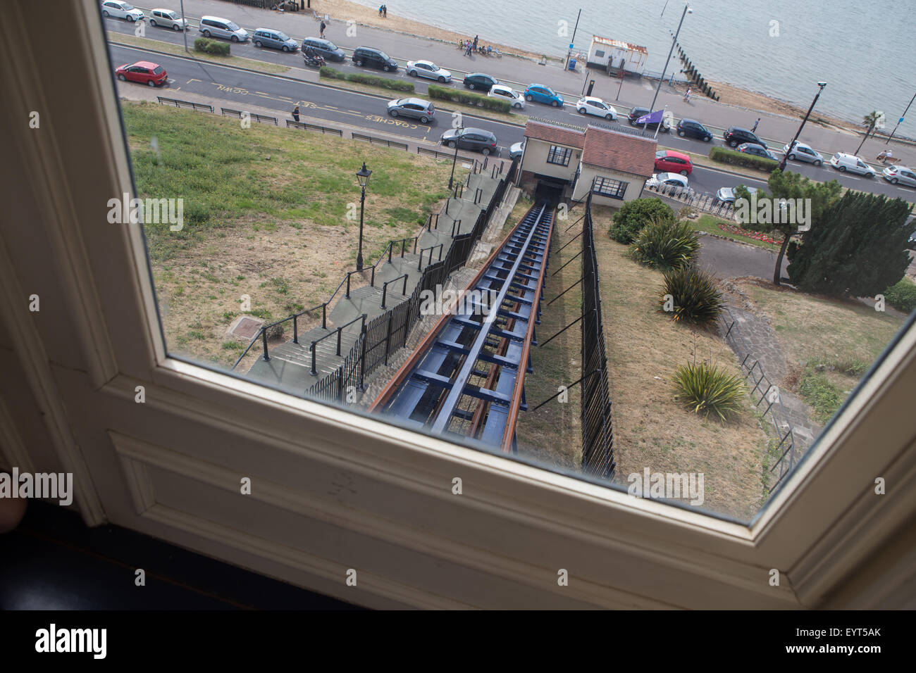 View from Southend Cliff Lift, a funicular by the seaside at Southend-on-Sea, Essex, England. It was built in 1912. Stock Photo