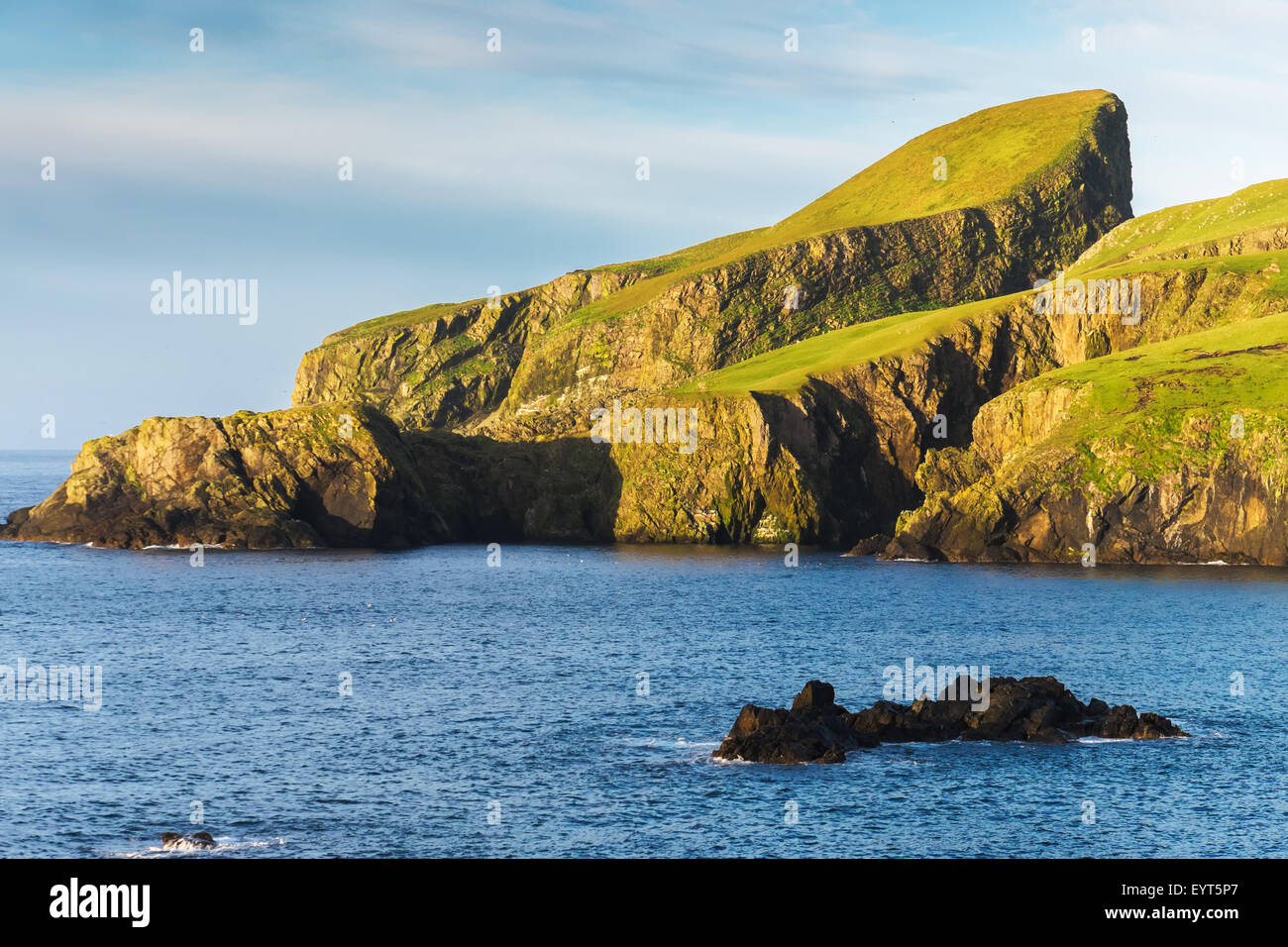 An image of Sheep rock in Fair isle, an island in the Atlantic ocean between Orkney and Shetland Stock Photo