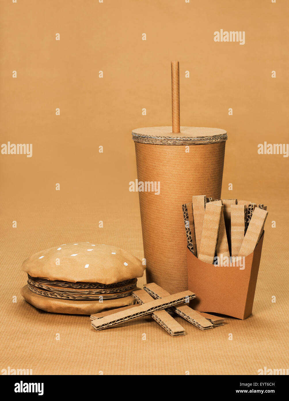 Cardboard burger, chips and drink. Stock Photo