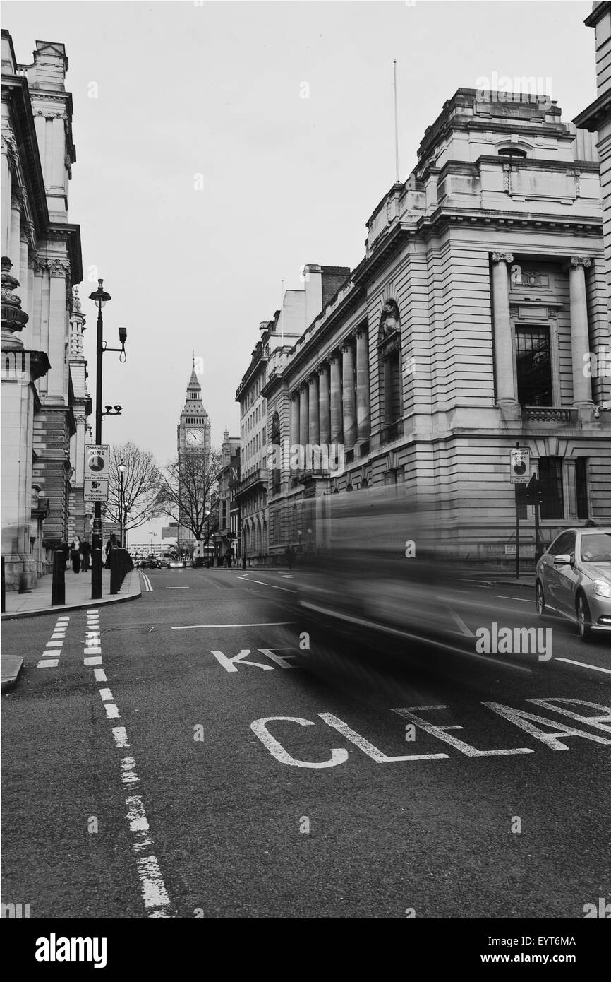 Street scene in London with Big Ben in the background, s/w, Stock Photo