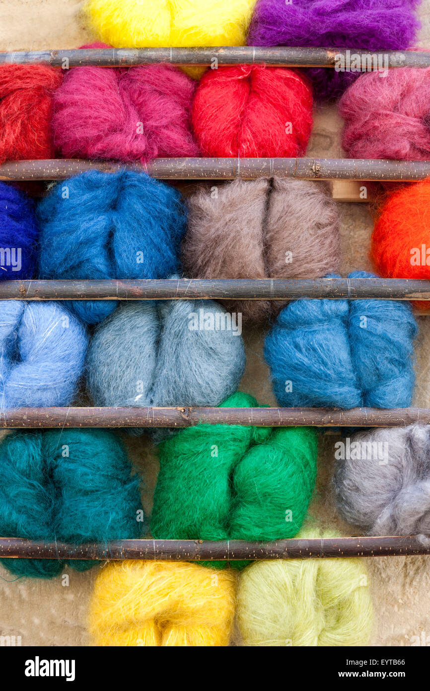 Coloured mohair wool in the shelf Stock Photo