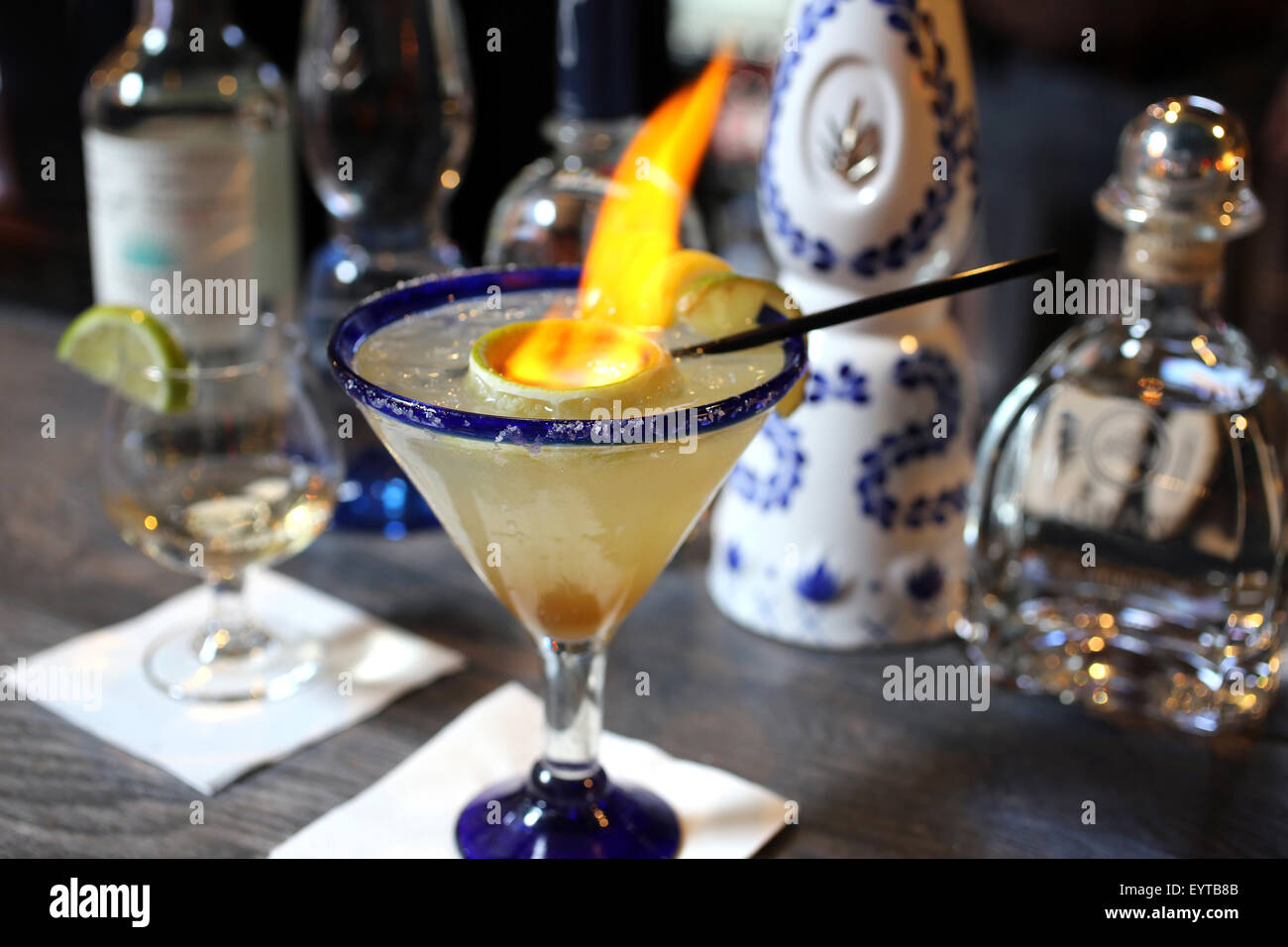 Flaming margarita on the bar at a Mexican restaurant Stock Photo Alamy
