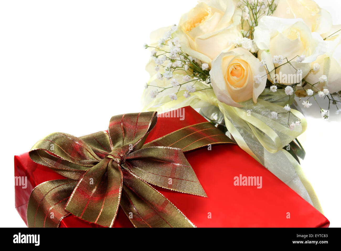 Red gift box and white roses Stock Photo Alamy