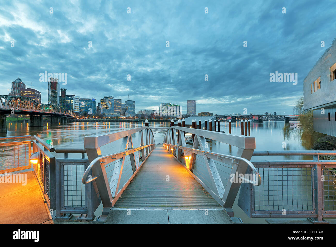 Portland Oregon downtown city skyline by the Pier and Hawthorne Bridge