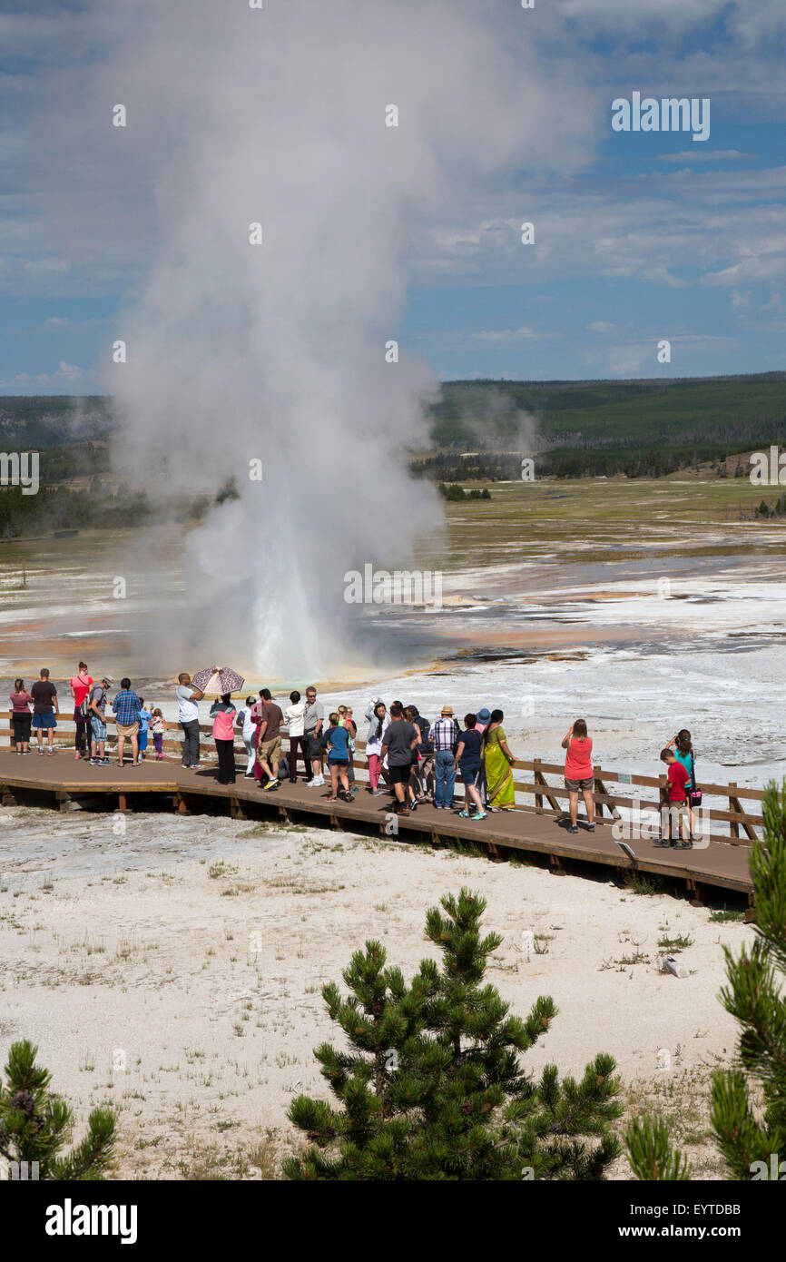 Yellowstone National Park, Wyoming - Tourists crowd the boardwalks in Yellowstone's Lower Geyser Basin. Stock Photo