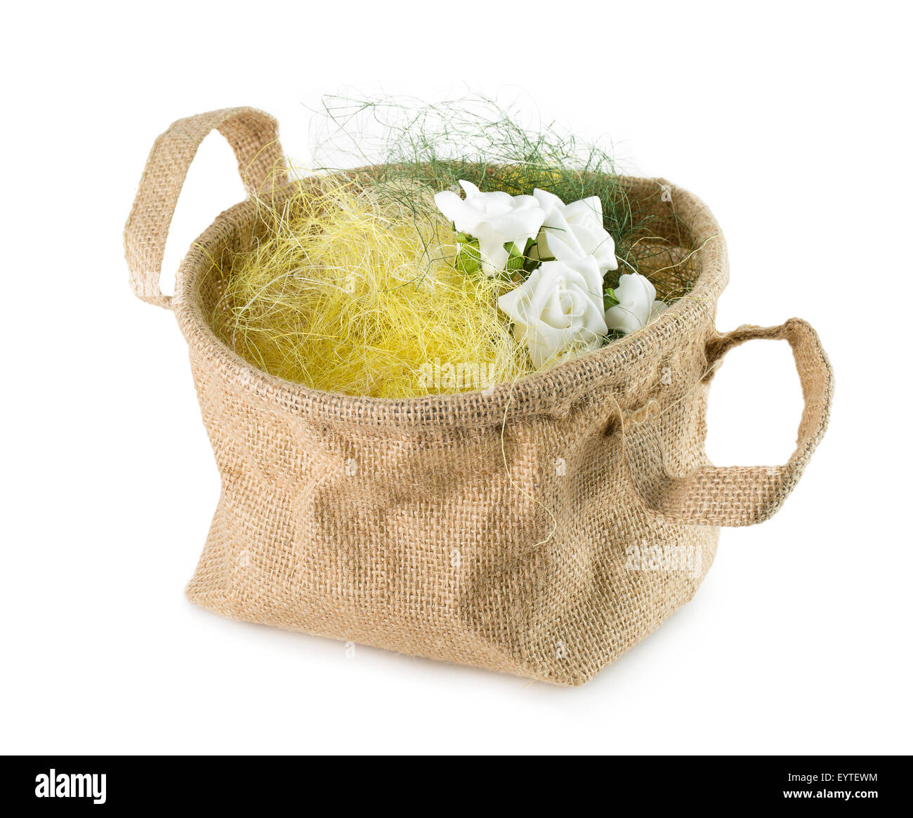 bucket with artificial flowers isolated on the white background. Stock Photo