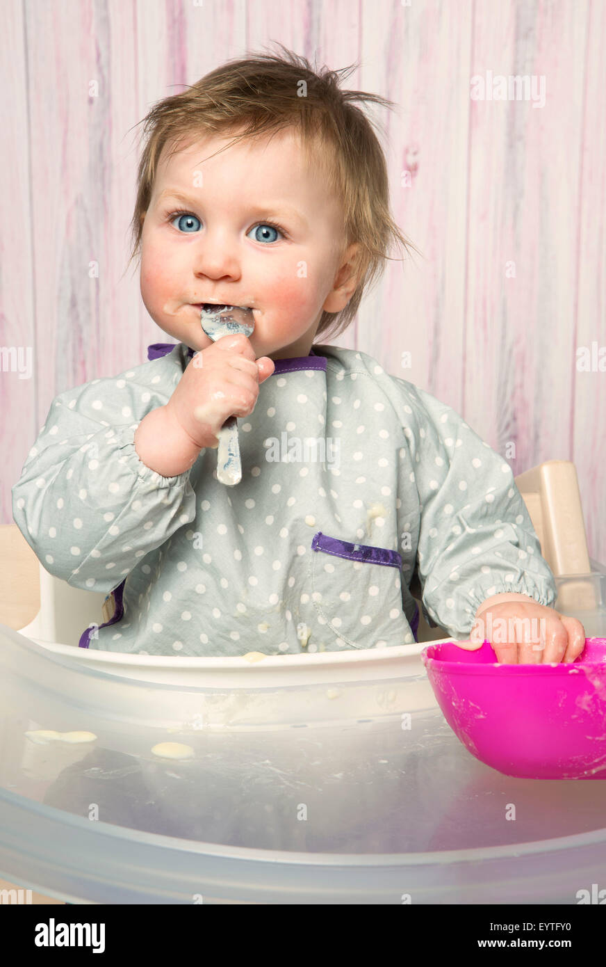 Baby, 6-12 months, mash, food, spoon, supplementary food, high-level chair, studio, portrait, Stock Photo
