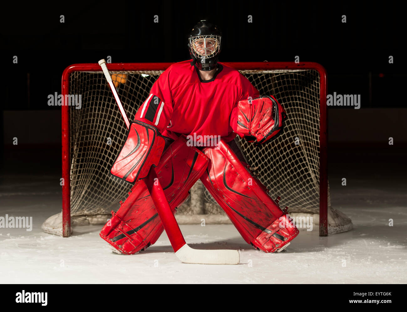 Ice hockey goalie in front of a goal net Stock Photo Alamy