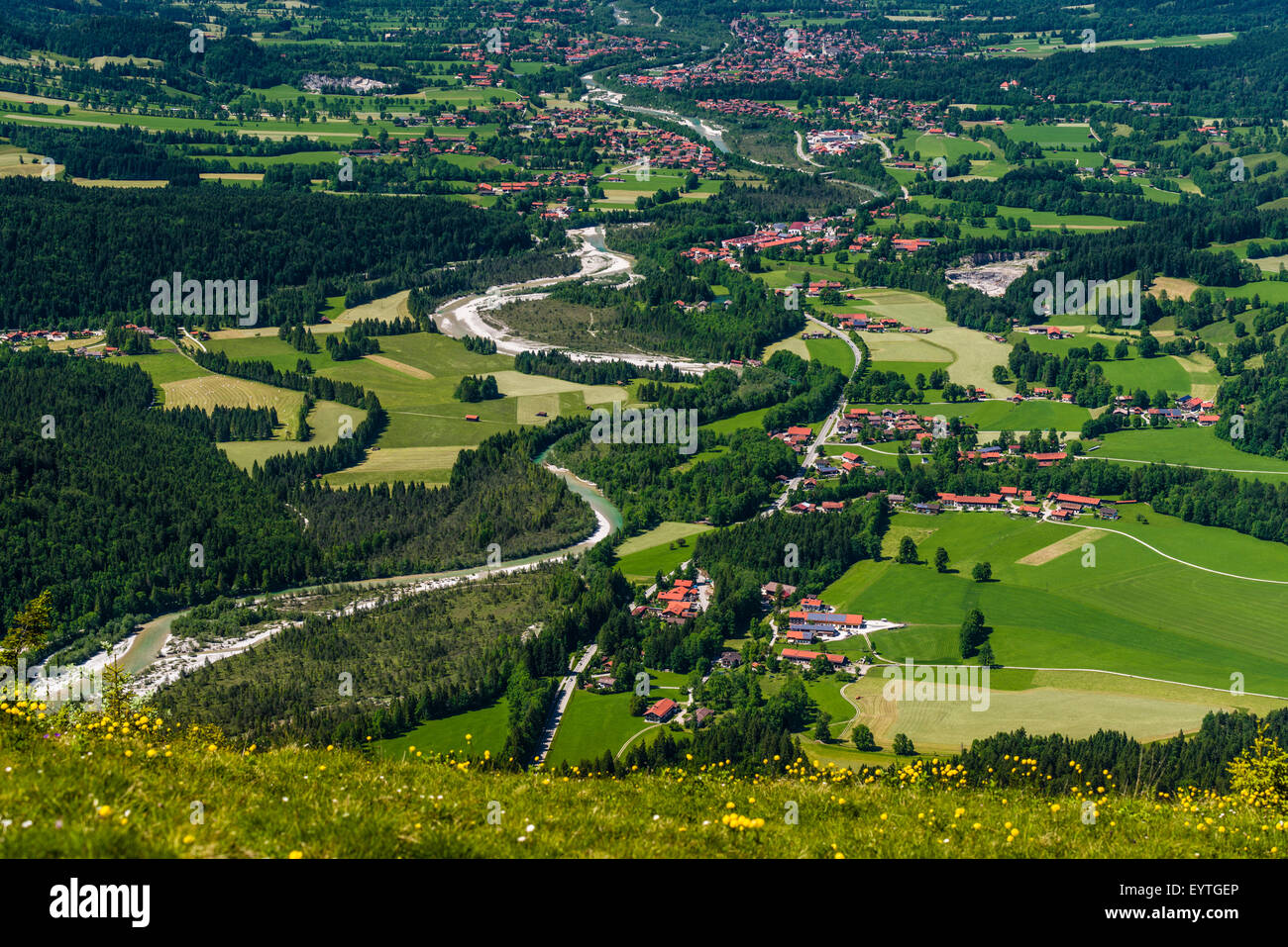Germany, Bavaria, Upper Bavaria, Tölzer Land (district), Isarwinkel region, Vorderriss, Isar valley, View from Hochalm Stock Photo