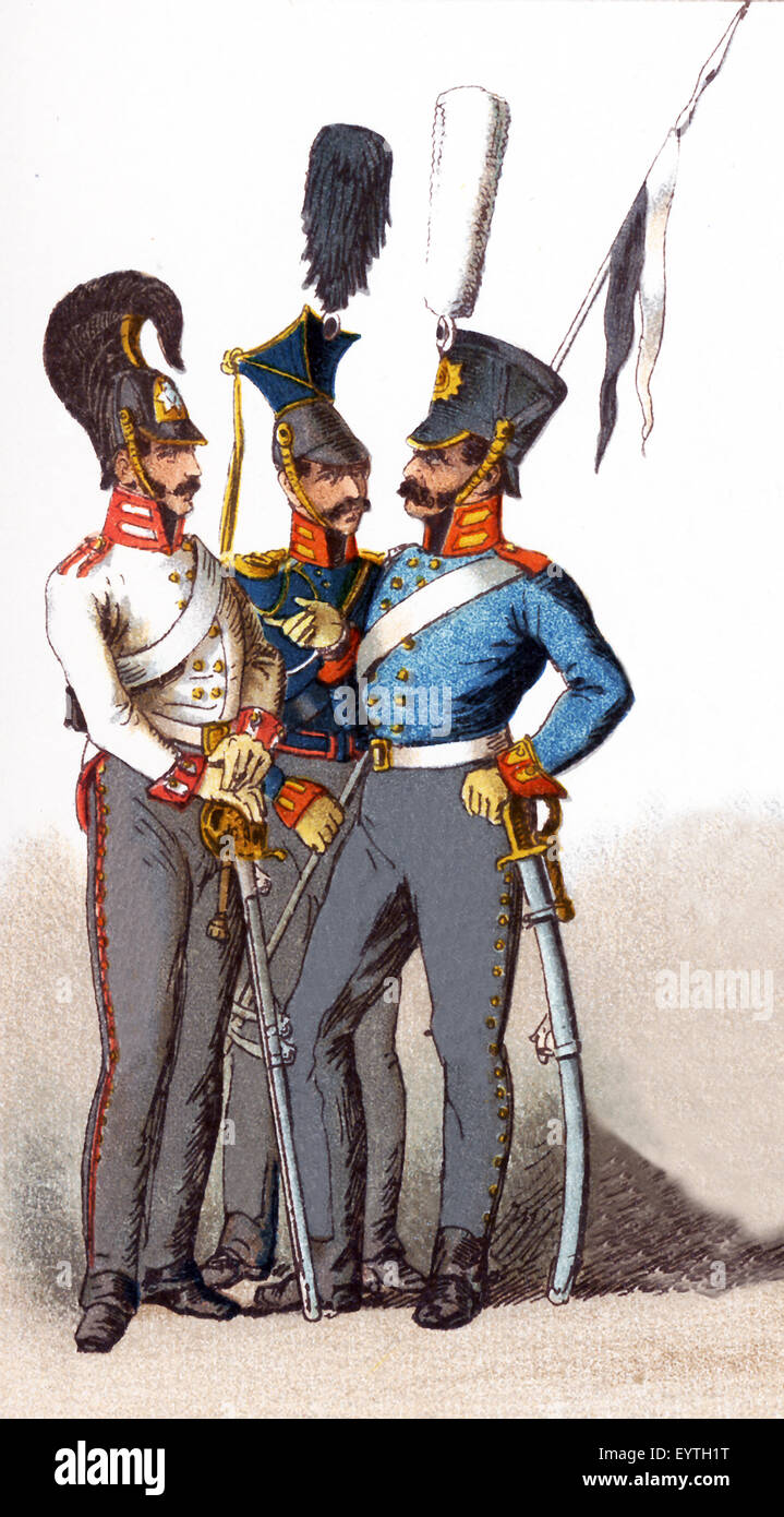 The figures pictured here represent Prussian military in the early 1800s. From left to right, they are: Cuirassier 1814, Uhlan, and Dragoon. The illustration dates to 1882. Stock Photo