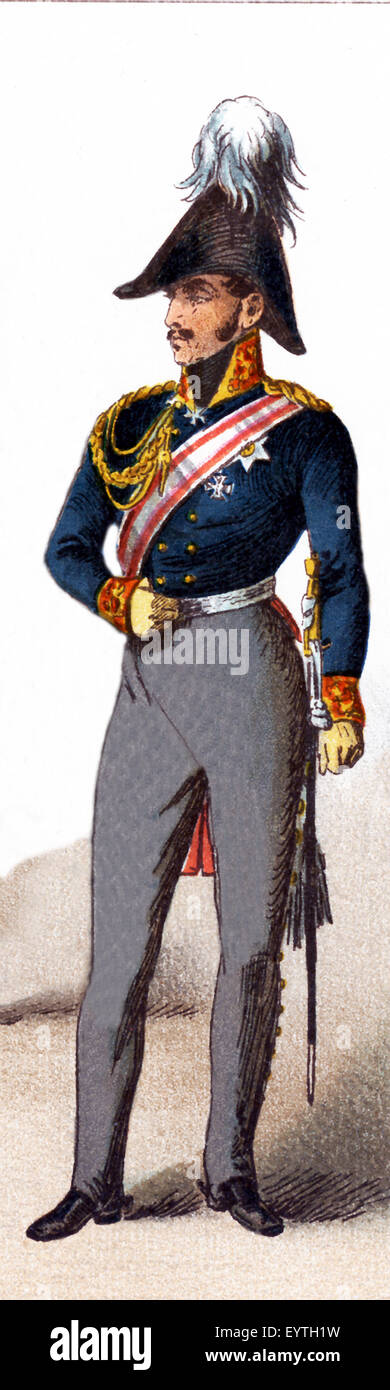 The figure pictured here represents a Prussian general in the early 1800s. The illustration dates to 1882. Stock Photo