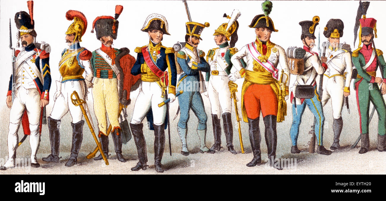 The figures pictured here represent Prussian military. From left to right, they are: French Grenadier of  Imperial Guard 1809, French Carabineer 1812, French chasseur, French General 1810, French Infantry of the line,  French Officer of Dragoons,  Austrian Field Marshal 1809, Austro-Hungarian infantry 1815,  Austrian Grenadier 1813,  Austrian Uhlan 1809. The illustration dates to 1882. Stock Photo