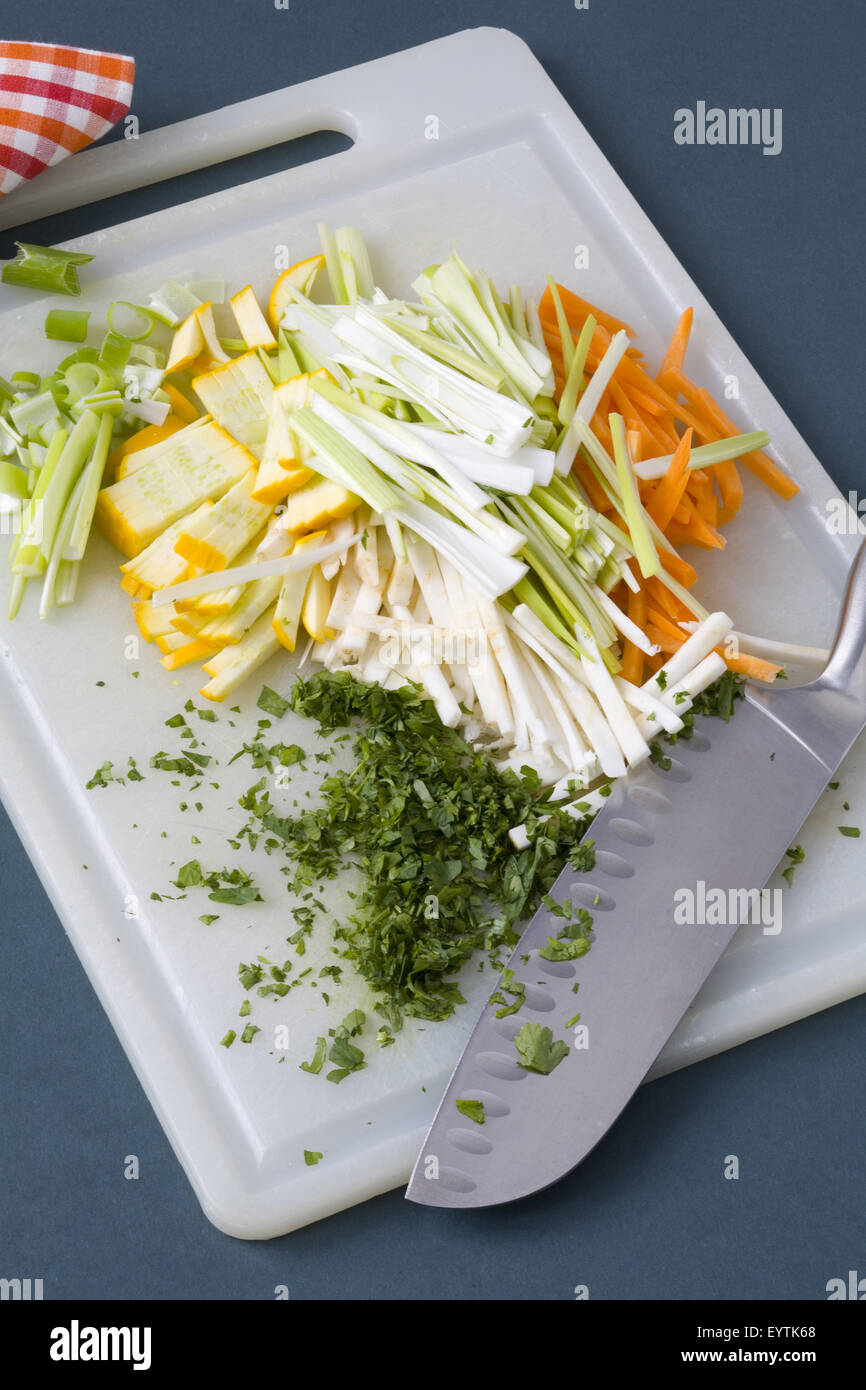 breadboard with hackeled mirepoix Stock Photo