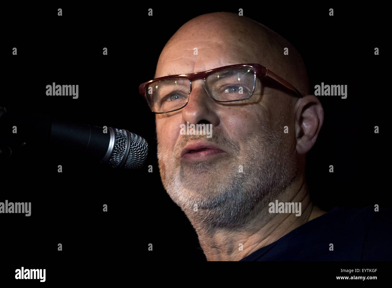 London, UK. 3rd August, 2015.  Musician and long term labour supporter, Brian Eno, speaks at the Camden Centre rally in London in support of Jeremy Corbyn Credit:  Guy Corbishley/Alamy Live News Stock Photo