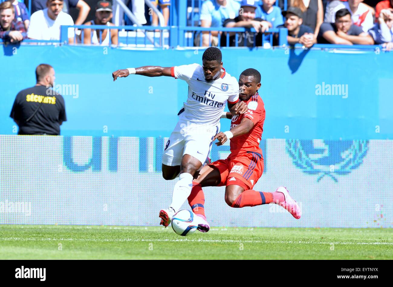 Montreal, Canada. 01st Aug, 2015. French Trophy of Champions match, between Paris St German and Lyon. Serge Aurier (psg) tackled by Henri Bedimo (lyon) © Action Plus Sports/Alamy Live News Stock Photo