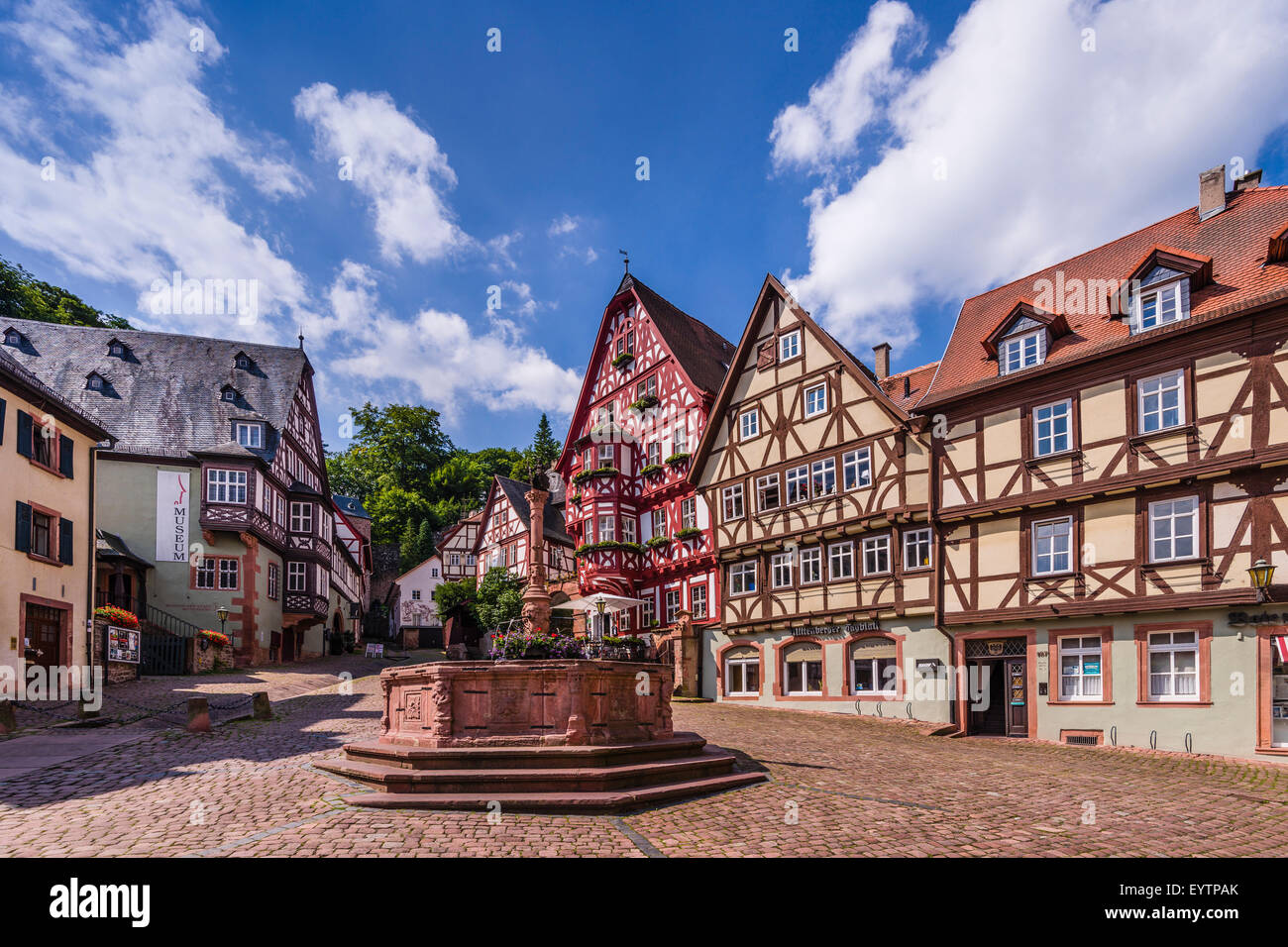 Germany, Bavaria, Lower Franconia, Mainfranken, the Main river, Miltenberg (town), market place with market well Stock Photo