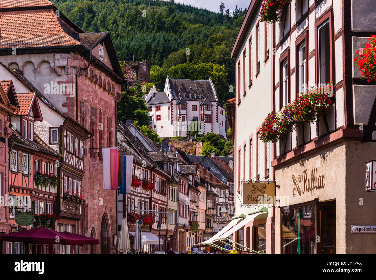 Germany, Bavaria, Lower Franconia, Mainfranken, the Main river, Miltenberg (town), main street with mild castle Stock Photo