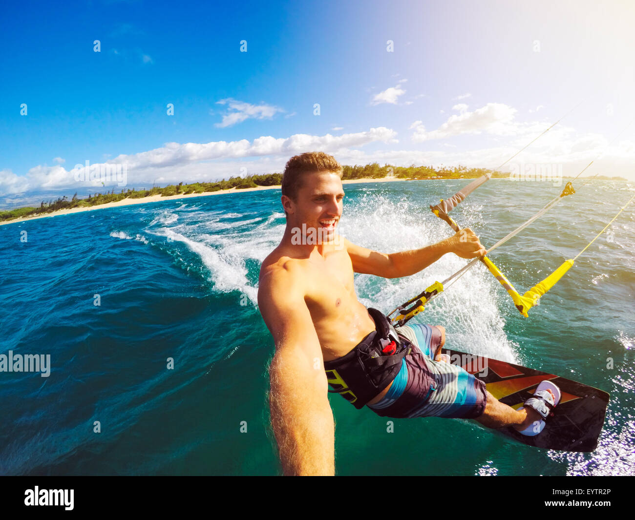 Kiteboarding. Fun in the ocean, Extreme Sport Kitesurfing. POV Angle with Action Camera Stock