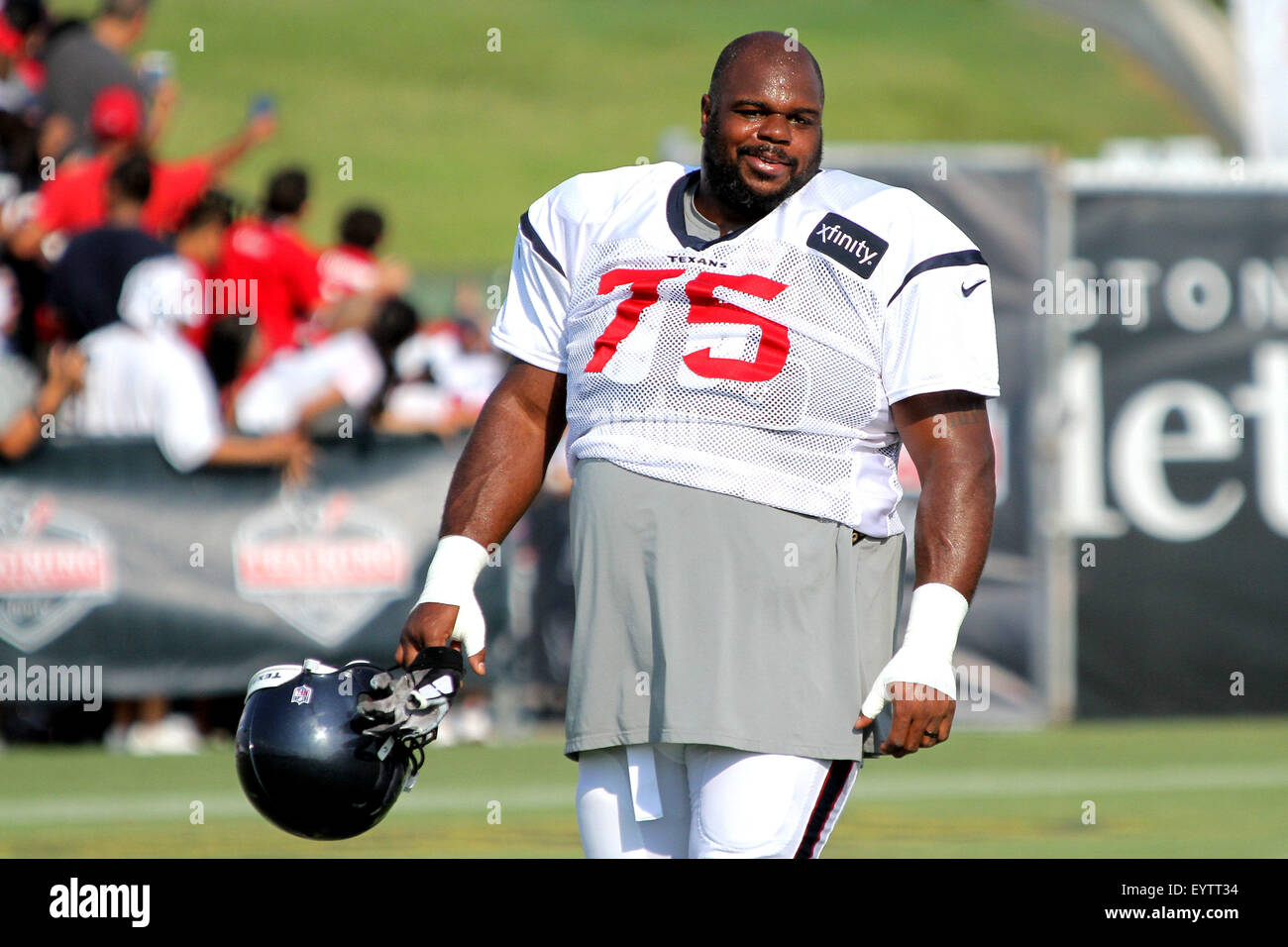 Houston, TX, USA. 03rd Aug, 2015. Houston Texans nose tackle Vince Wilfork  (75) during evening practice at Houston Texans training camp from the  Methodist Training Center at NRG Stadium in Houston, TX.
