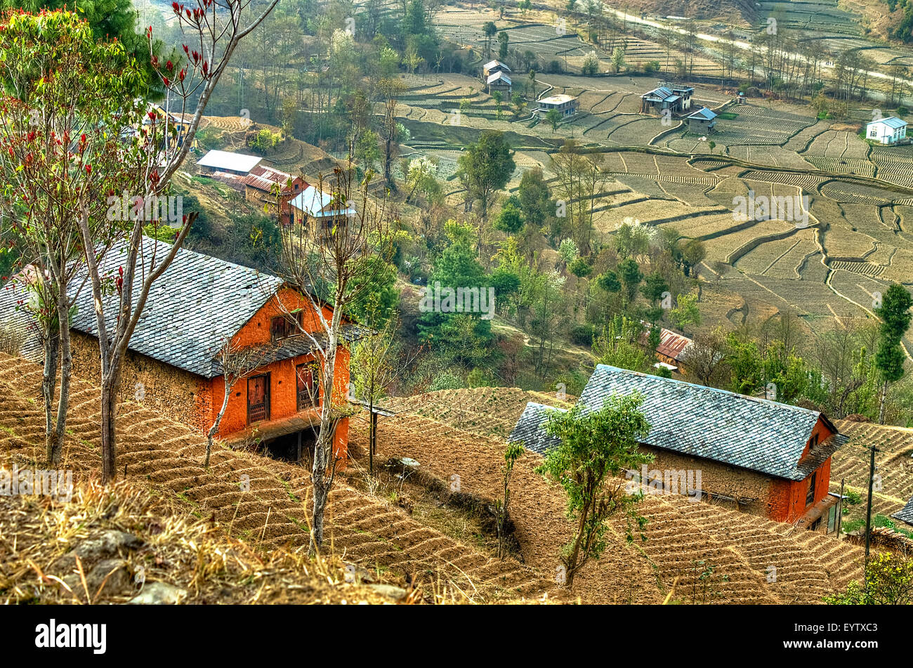 nepalese hill houses. people's houses in a rural hill village in Stock