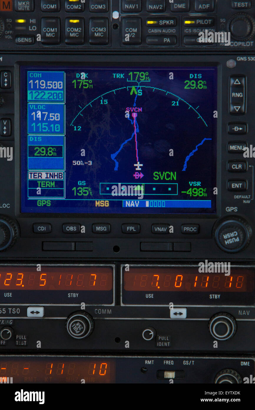 Close up of navigation system in a small cockpit plane in venezuela