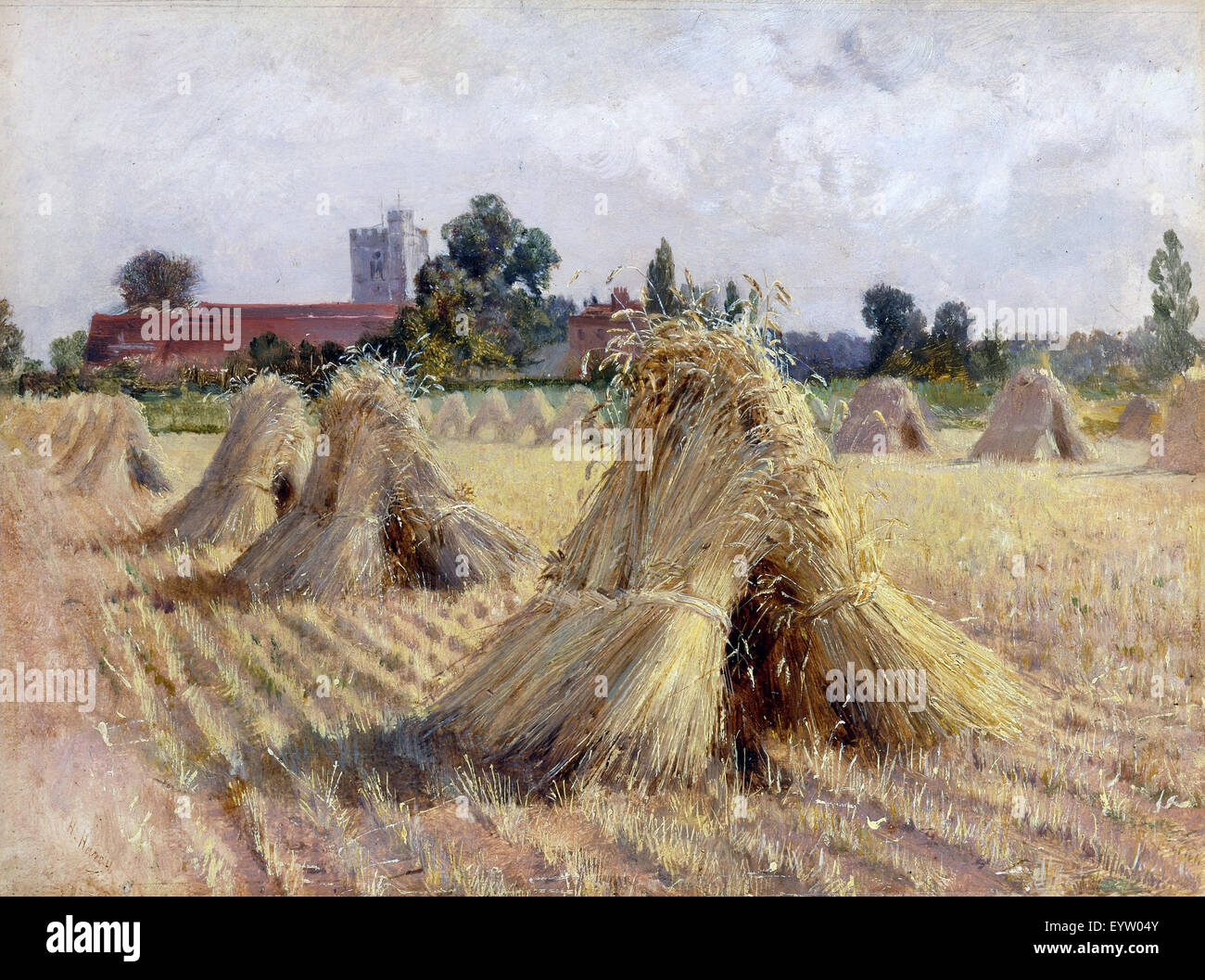 Heywood Hardy, Corn Stooks by Bray Church 1872 Oil on paper. Yale Center for British Art, New Haven, USA. Stock Photo