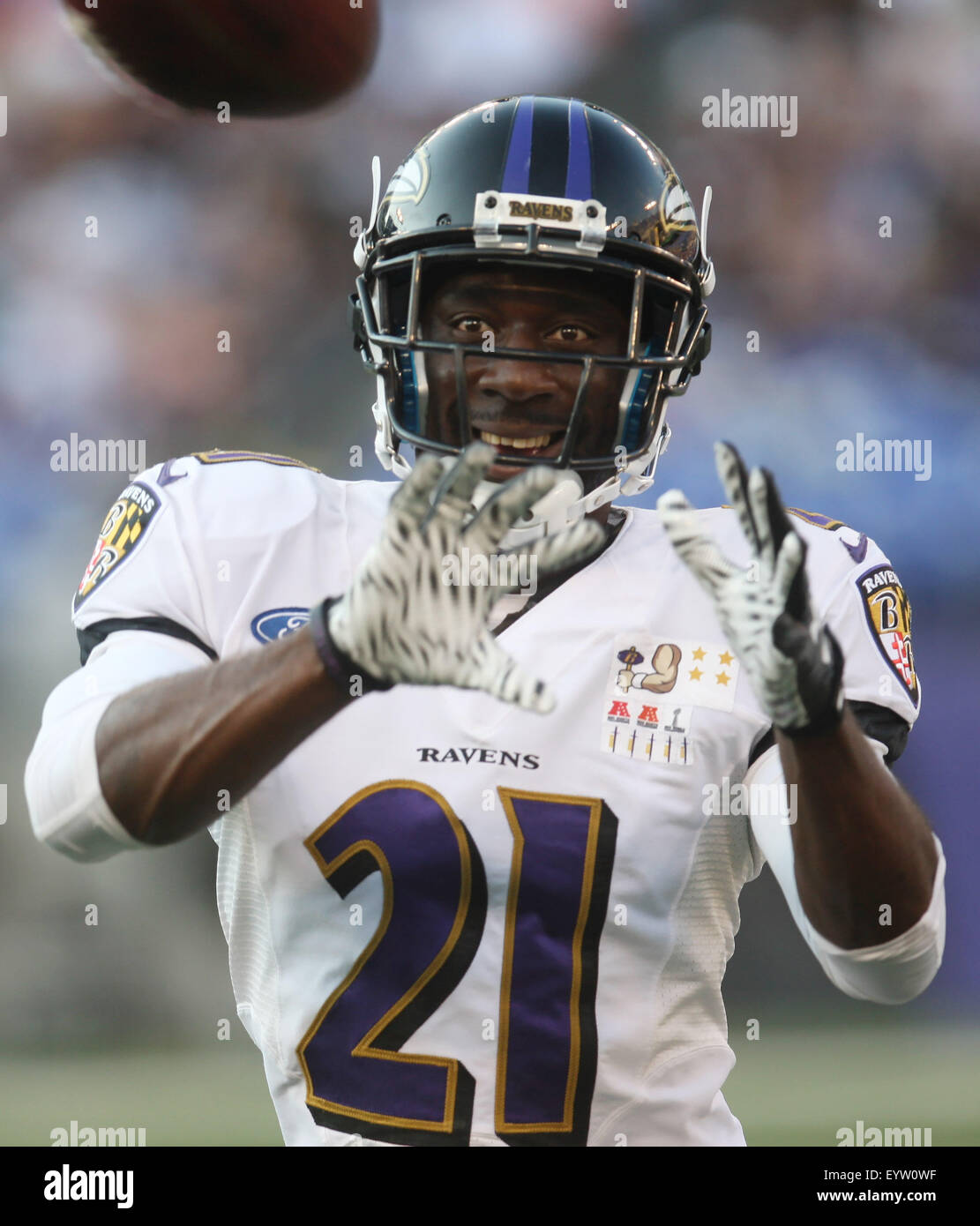 Baltimore Ravens CB Lardarius Webb (21) participates in a team practice at M&T Bank Stadium in Baltimore, MD on August 3, 2015. Photo/ Mike Buscher/Cal Sport Media Stock Photo
