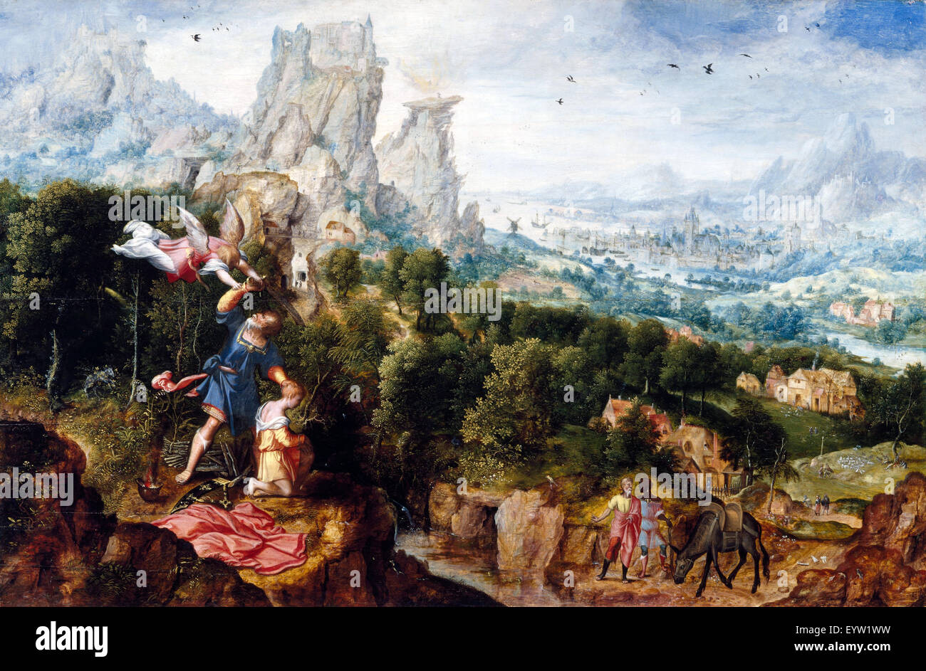Herri met de Bles, Landscape with the Offering of Isaac 1535-1545 Oil on panel. Cincinnati Art Museum, Ohio, USA. Stock Photo