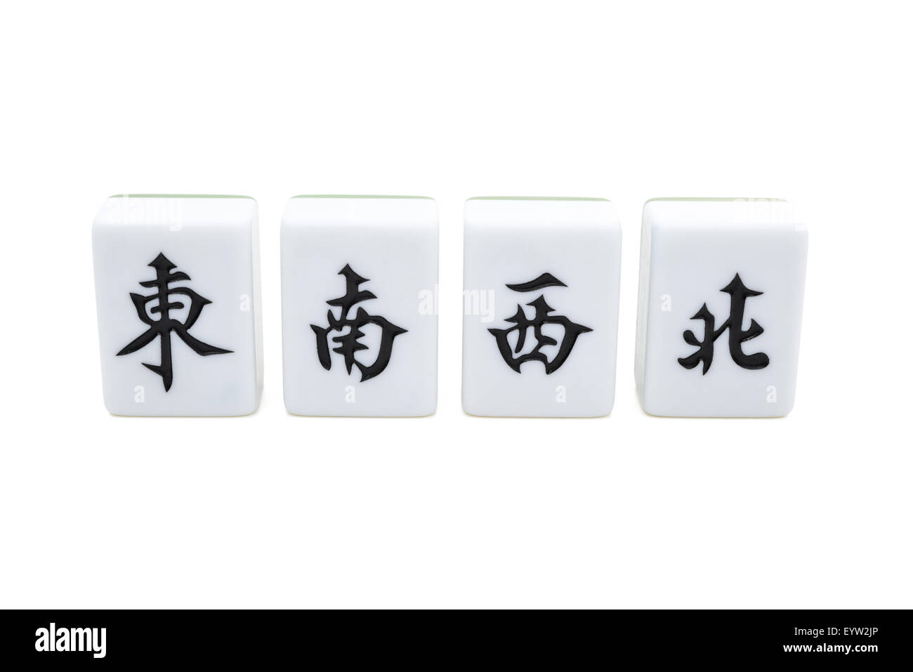 mah jong bricks on white with clipping path, the Chinese on the bricks from left to right menas east, south, west, north Stock Photo