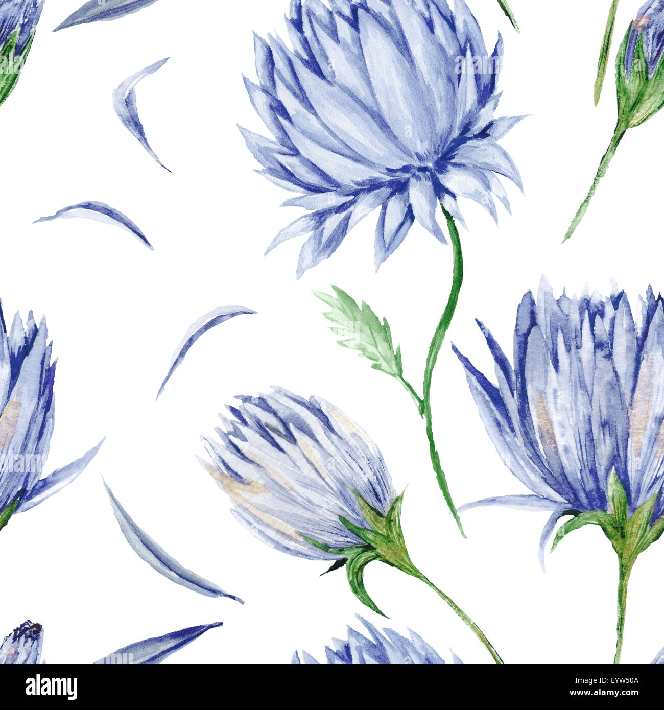 Seamless watercolor background with blue flowers isolated on white ...