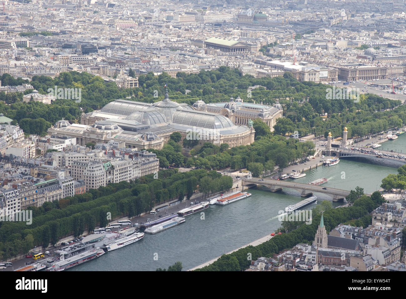 View North East from the top of the Eiffel Tower looking towards the Grand Palais des Champs-Élysées and Petit Palace. Stock Photo