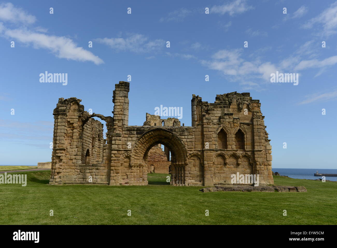 Tynemouth, Northumberland, UK,  lighthouse, pier,  tynemouth priory and castle Stock Photo