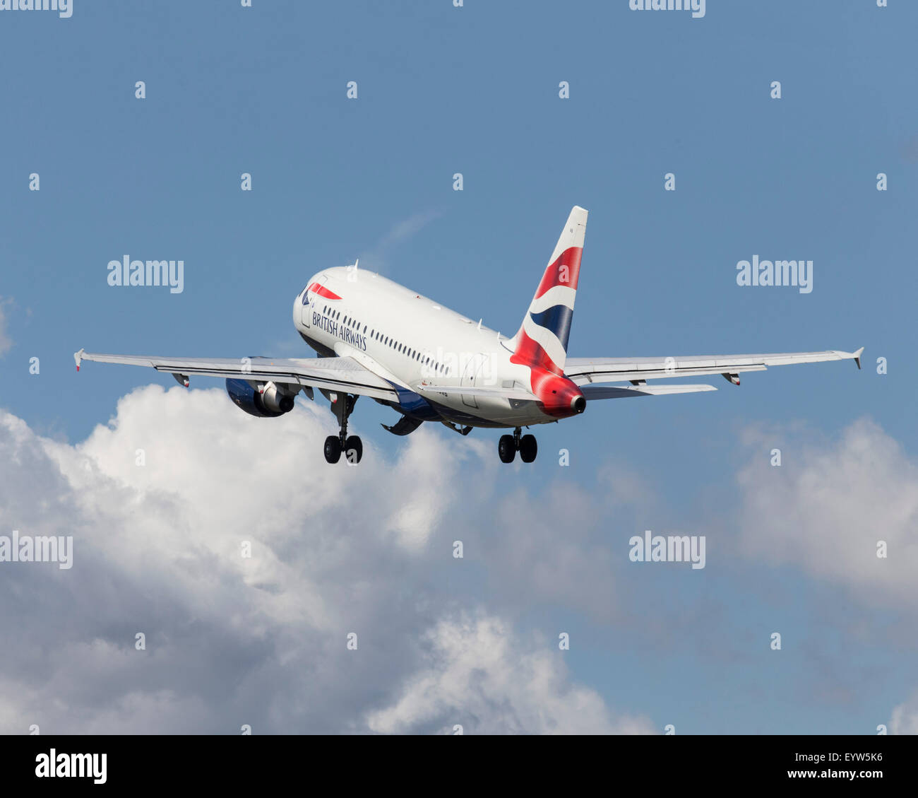 British Airways Airbus Industrie A318-321 G-EUNB  fitted only with 32 Business Class seats, takes off during  2015 RIAT Air Show Stock Photo