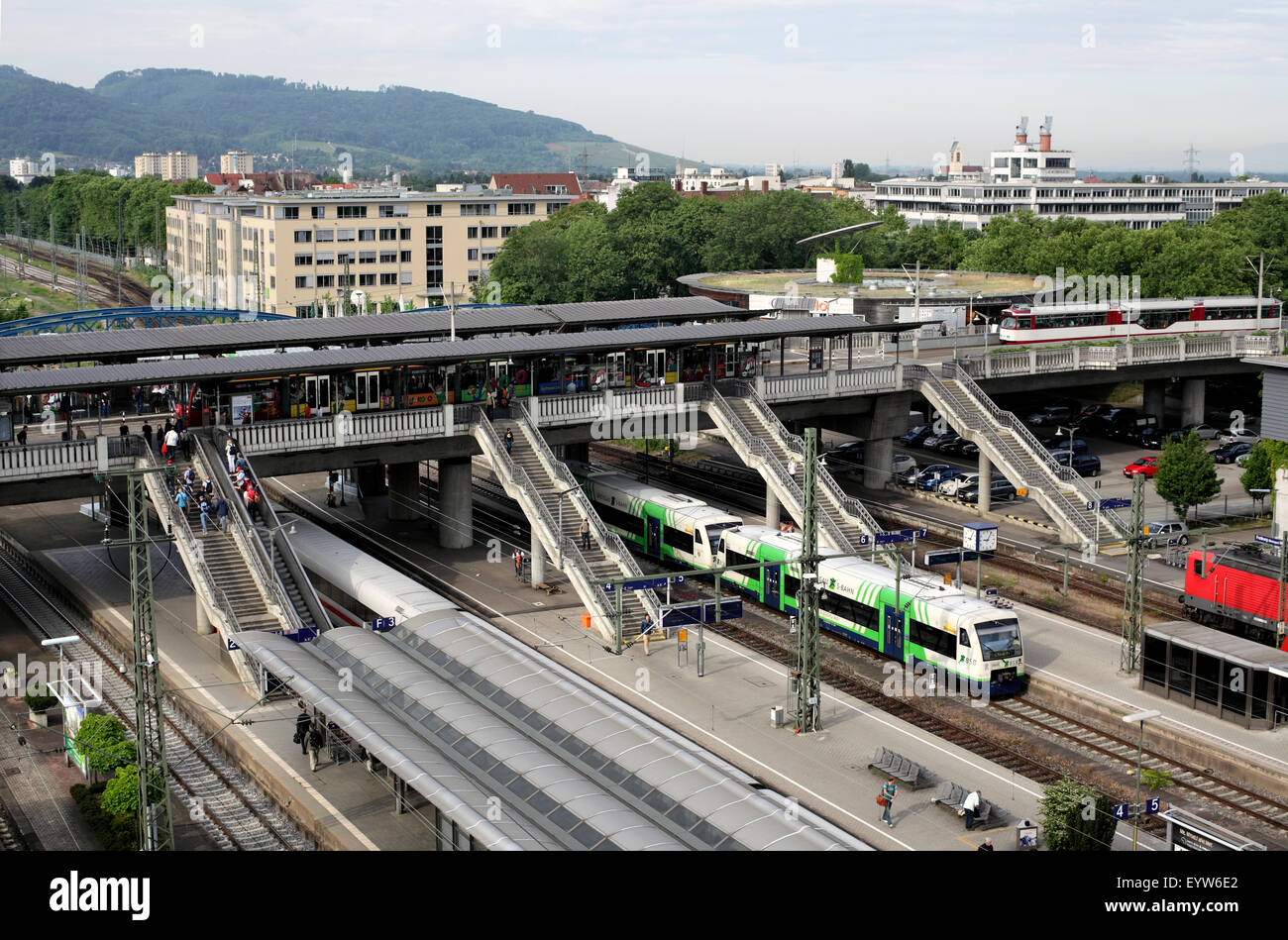 Transport interchange, Freiburg, Germany. (tram stop on bridge over main railway station.) Stock Photo