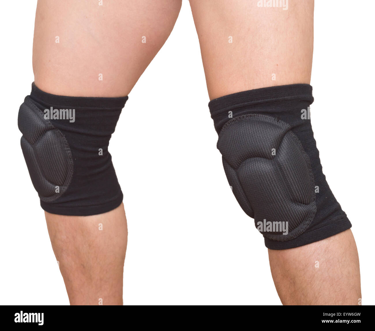 man legs with knee cap pad protector isolated on white background Stock Photo