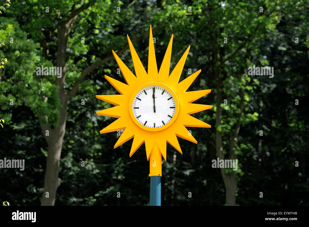 Clock designed to look like the sun, in the grounds of the Zonnestraal heliotherapy sanatorium, Hilversum, The Netherlands. Stock Photo
