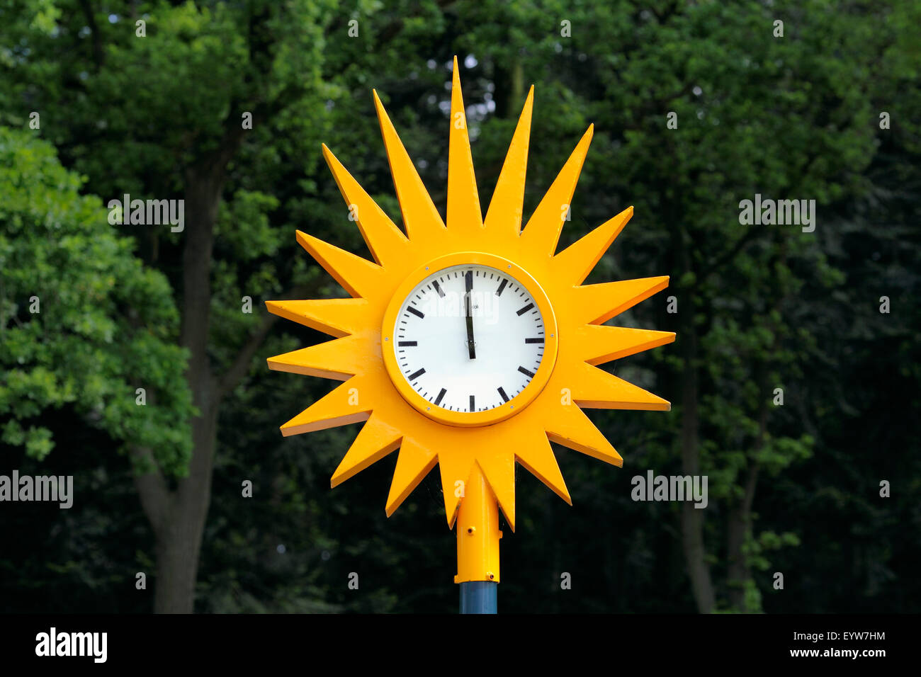 Clock designed to look like the sun, in the grounds of the Zonnestraal heliotherapy sanatorium, Hilversum, The Netherlands. Stock Photo