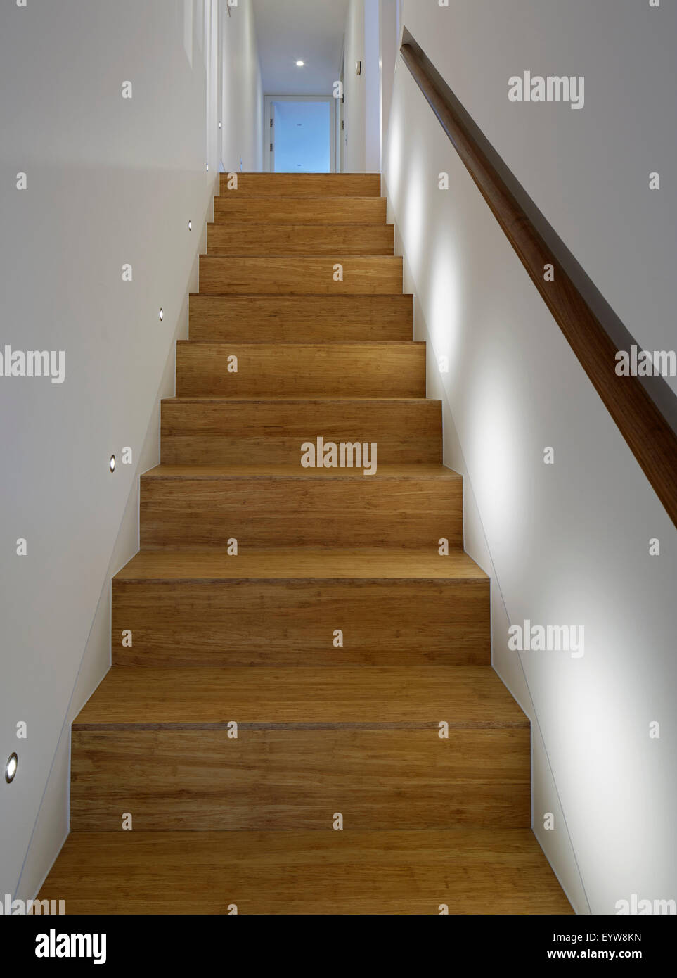 Wooden stairway. London Brownstones, London, United Kingdom. Architect: Knox Bhavan Architects LLP, 2014. Stock Photo