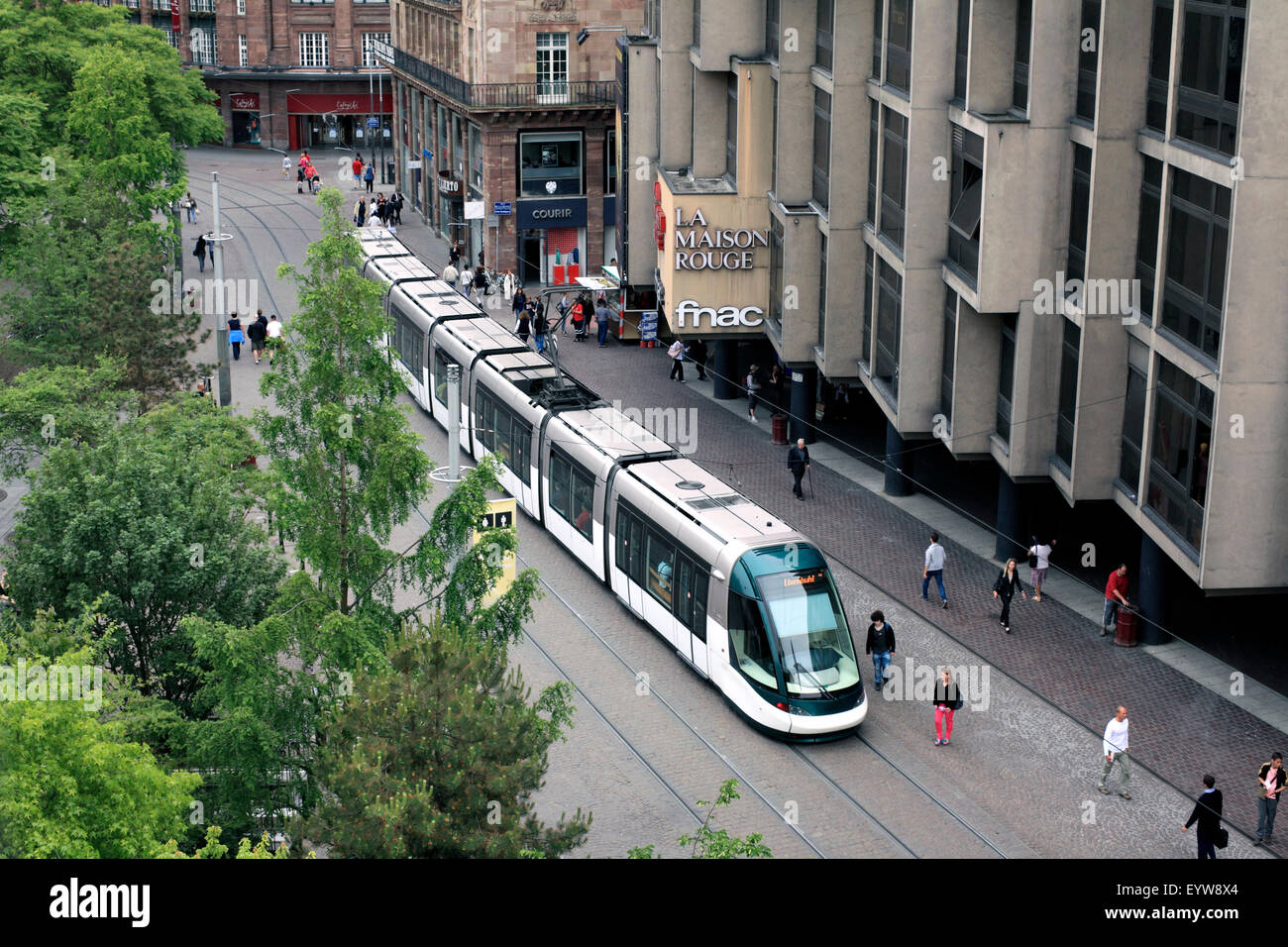 Tram running along the pedestrianised Rue des Francs-Bourgeois in the centre of Strasbourg, Paris. Stock Photo