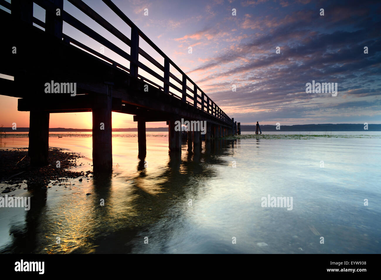 Morning mood, jetty on Lake Ammer, near Riederau, Bavaria, Germany Stock Photo