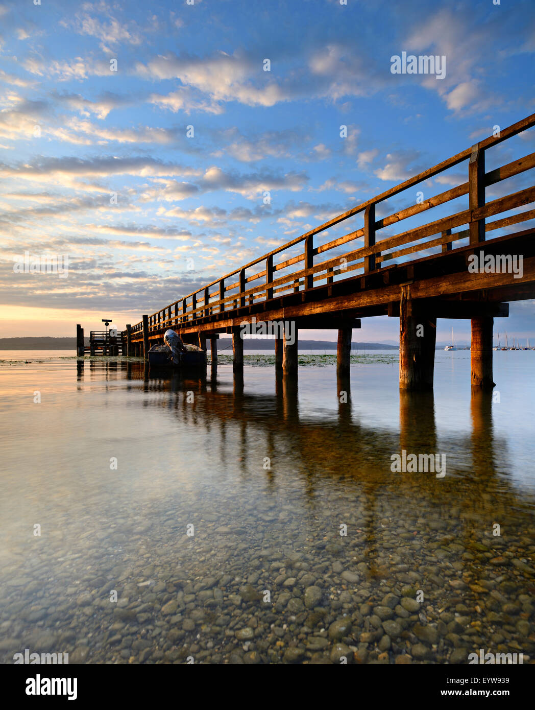 Morning mood, jetty on Lake Ammer, near Riederau, Bavaria, Germany Stock Photo