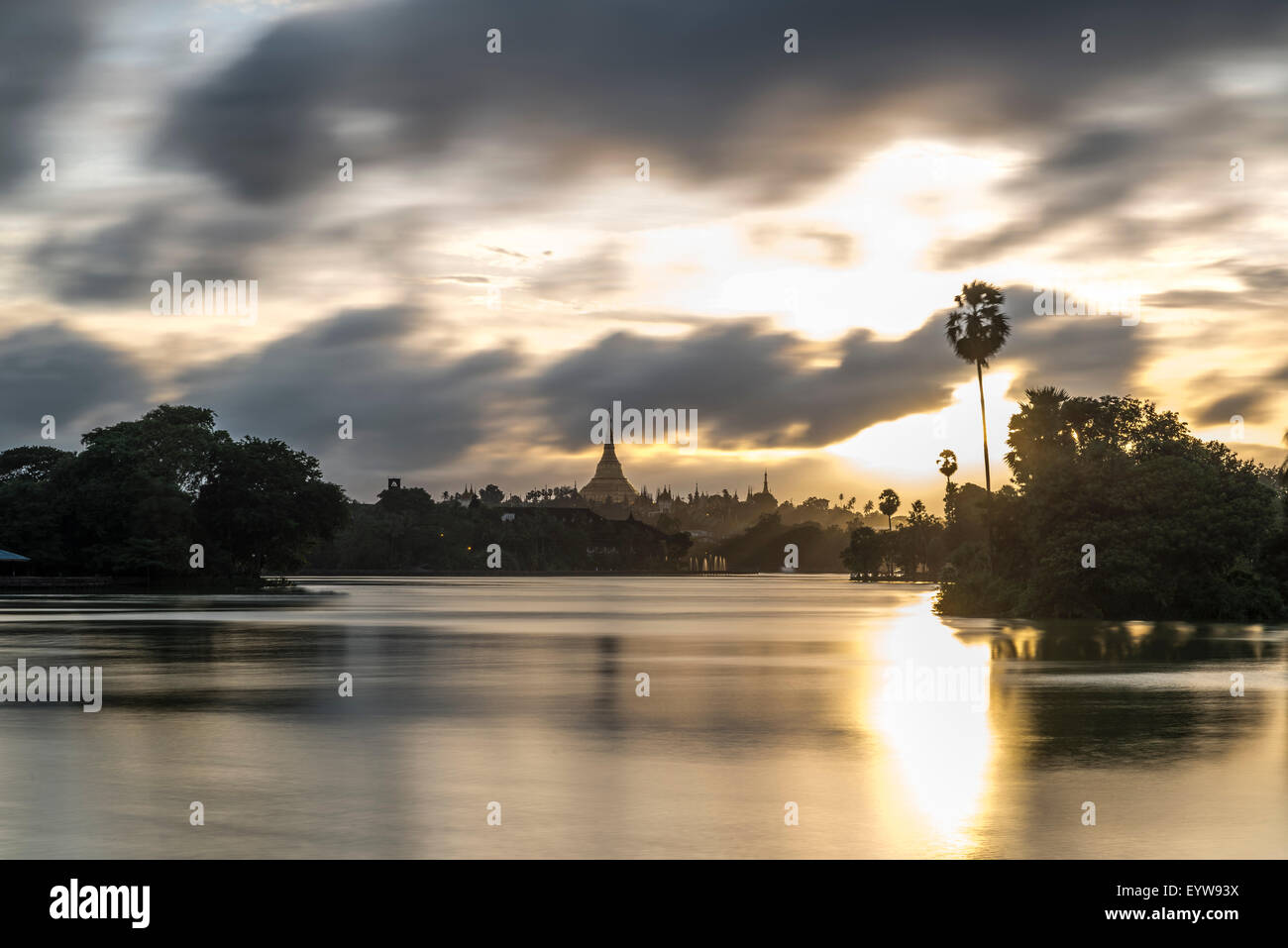 Golden stupa at sunset, chedi, Shwedagon Pagoda, Kandawgyi Lake, Kandawgyi Nature Park, Yangon or Rangoon, Yangon Region Stock Photo