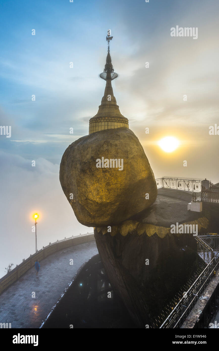 Golden Rock with Kyaiktiyo Pagoda in fog and sunset, Kyaikto, Thaton District, Mon State, Myanmar Stock Photo