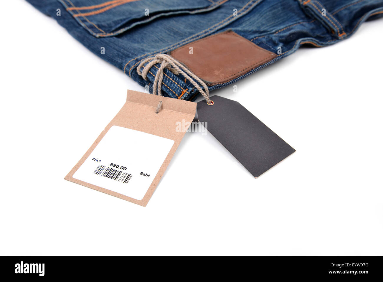 price tag with barcode on  jeans textured Stock Photo