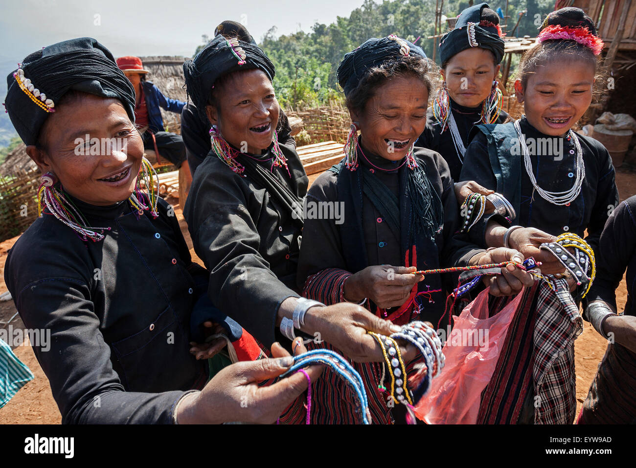 Native woman in typical clothing from the Ann tribe in a mountain village at Pin ropek, offering homemade handicrafts Stock Photo